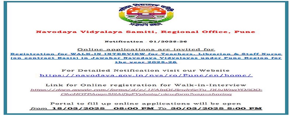 (c) WALK-IN INTERVIEW for Teachers, Librarian & Staff Nurse (on contract Bas is )